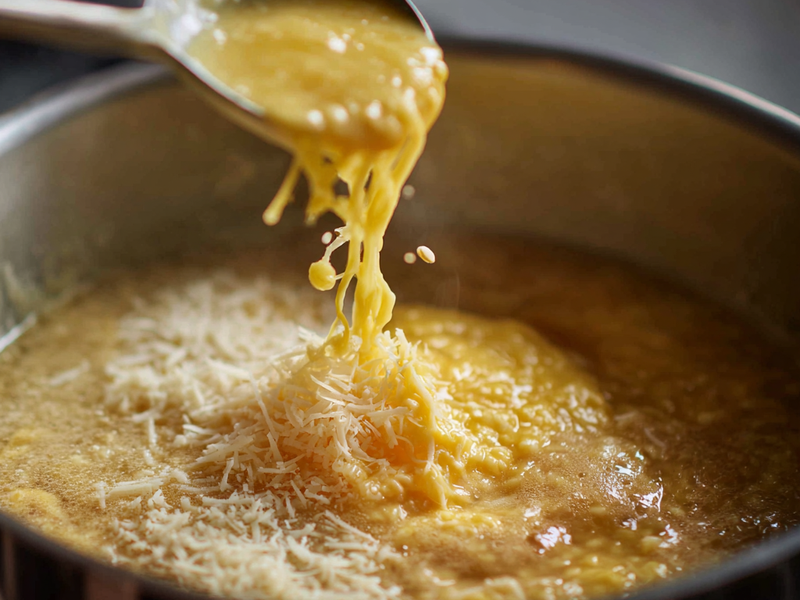 Egg and Parmesan mixture being stirred into pastina soup to form soft egg strands.
