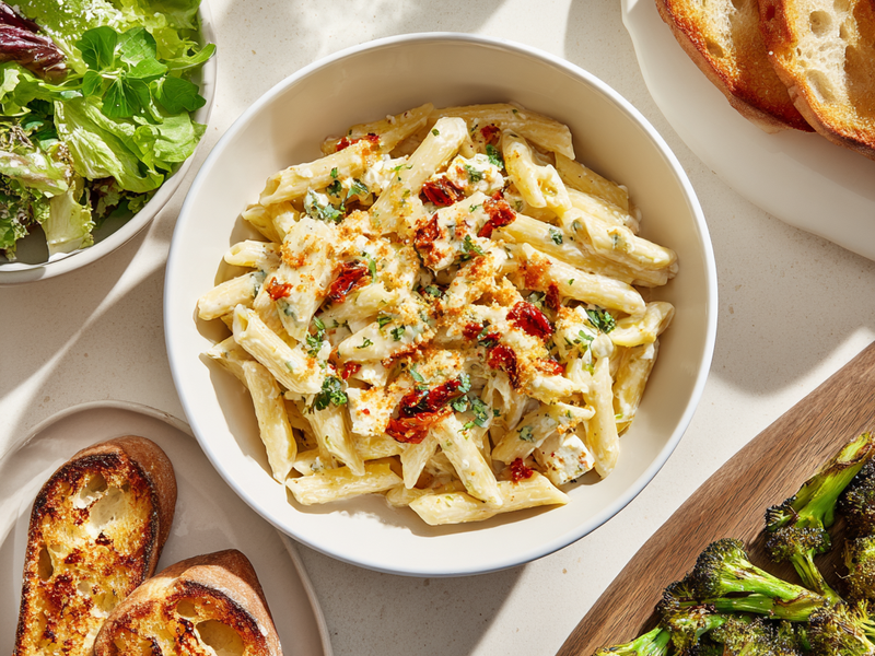 Baked feta pasta served with a green salad, roasted broccoli, and garlic bread