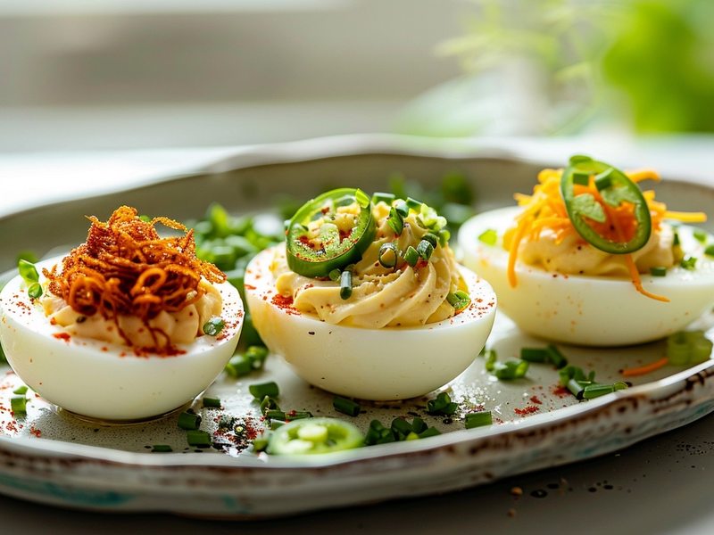 Three deviled egg variations with different toppings including pepperoncini, fried shallots, and spicy garnish