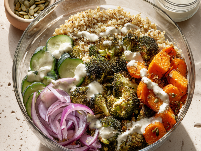 Creamy yogurt tahini sauce ribboning over roasted vegetables and lentils in a bowl
