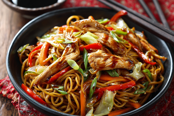 Chicken teriyaki noodle bowl with glazed chicken, stir-fried noodles, and vegetables