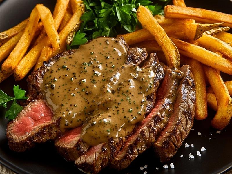 Spoon the warm peppercorn cream sauce over the rested steaks, finish with flaky sea salt and a s