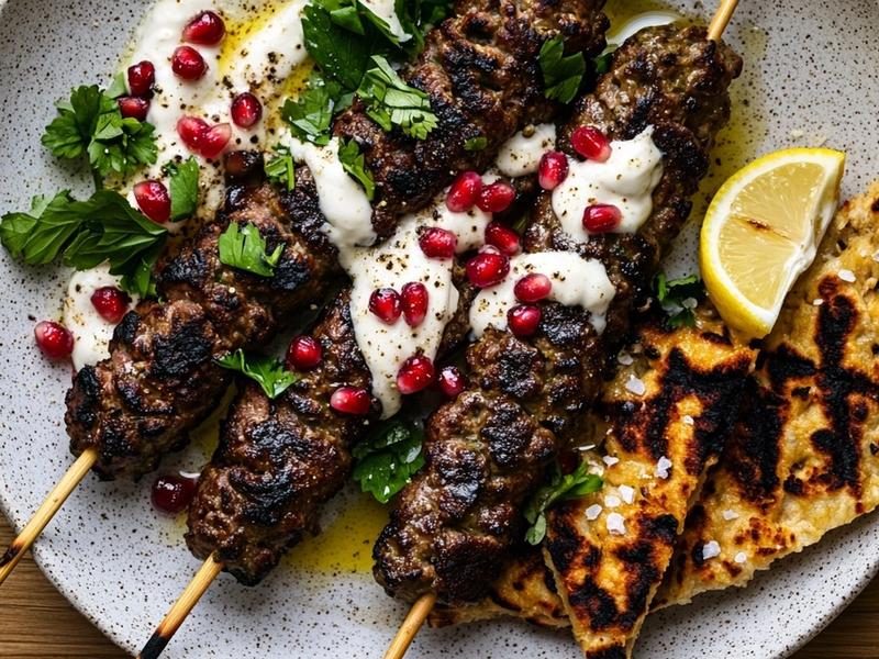 Char the flatbreads in the same pan, swoosh the tahini yogurt onto plates, top with kofta, and showe