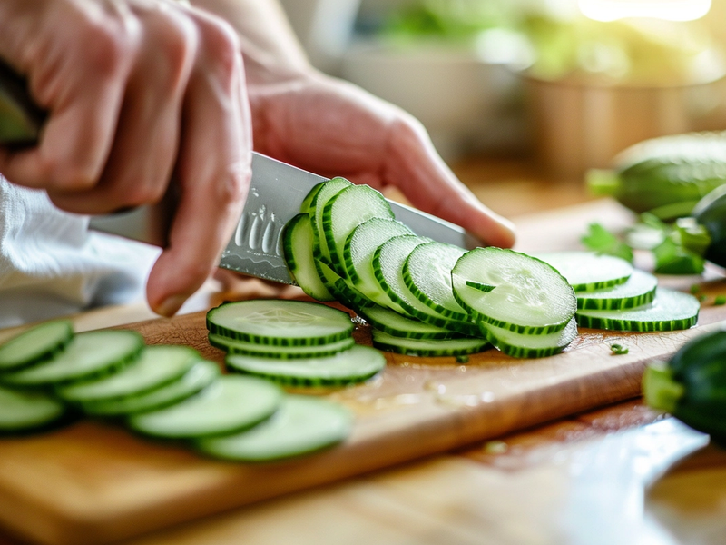Thinly slicing English cucumbers into rounds on a cutting board