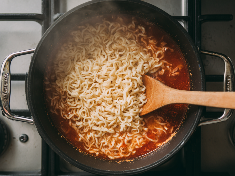 Ramen noodles cooking in creamy gochujang broth in a pot