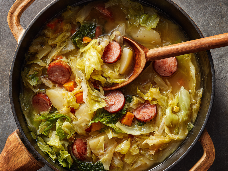 Finished cabbage boil in a Dutch oven with sausage, potatoes, corn, and cabbage ready to serve