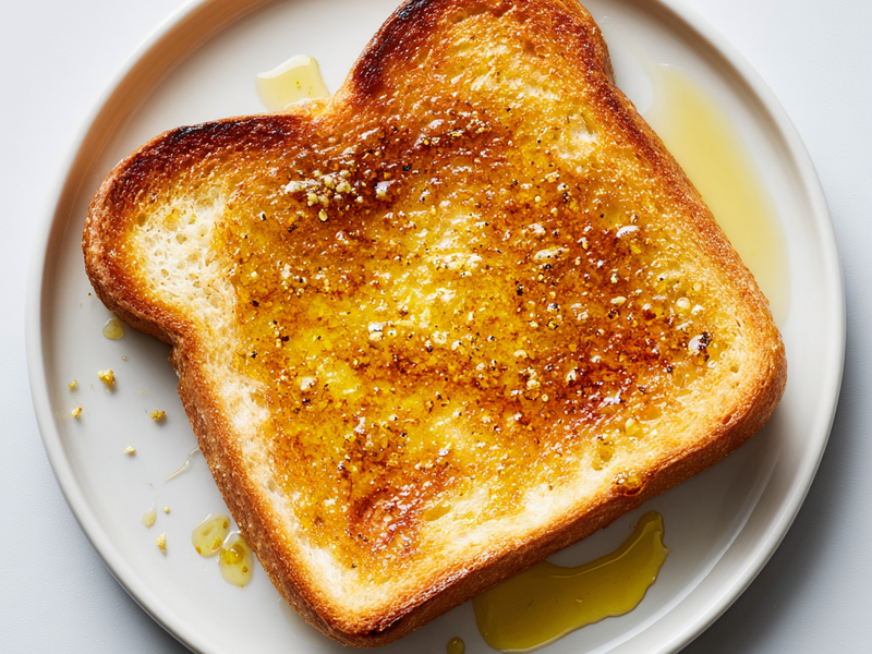 Drizzling olive oil on toasted sourdough before adding toppings
