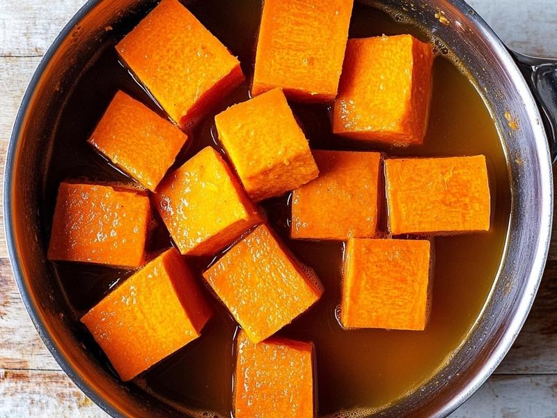 Raw butternut squash cubes in a saucepan of stock before simmering