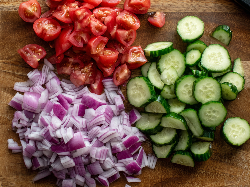 Diced cucumber, sliced red onion, and halved cherry tomatoes prepared for bowl toppings