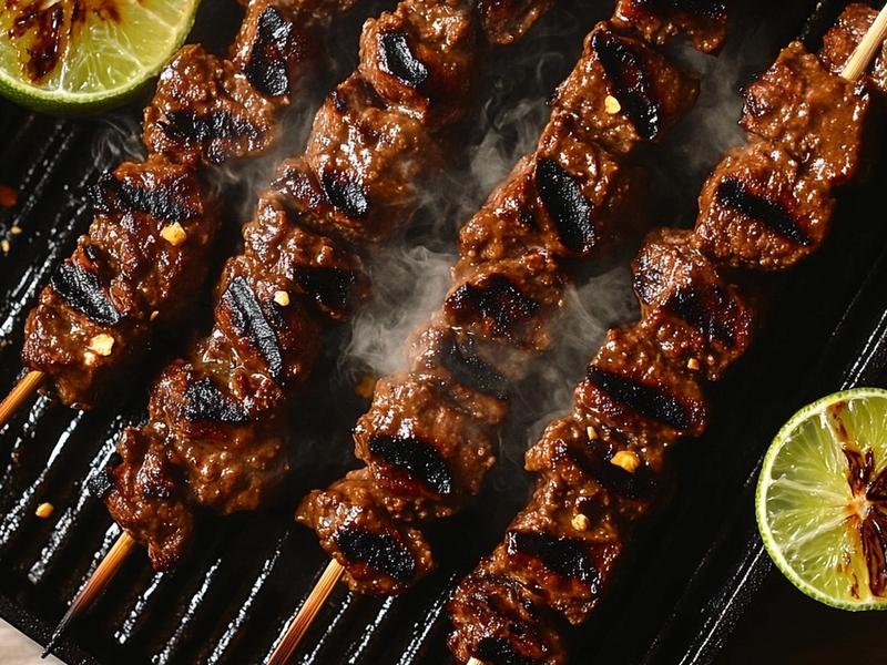 Beef satay skewers taking a deep char on a hot ridged pan with lime halves