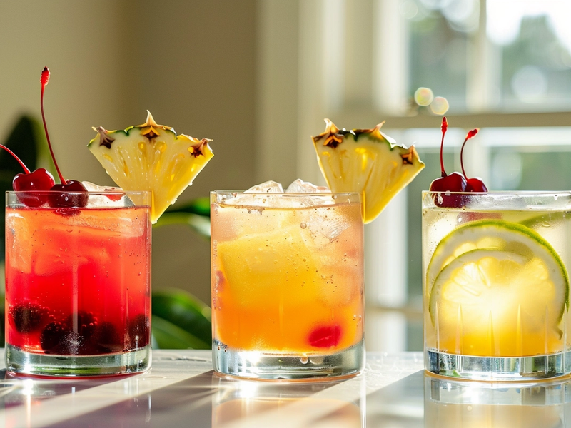 Three Sleepy Girl Mocktail variations including classic cherry spritz, tropical version, and still version