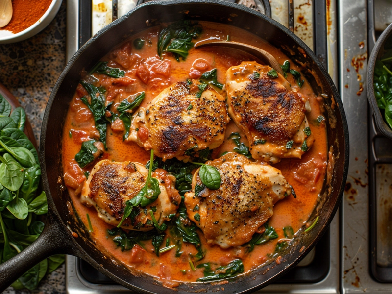Chicken simmering in creamy sun-dried tomato sauce with spinach for marry me chicken