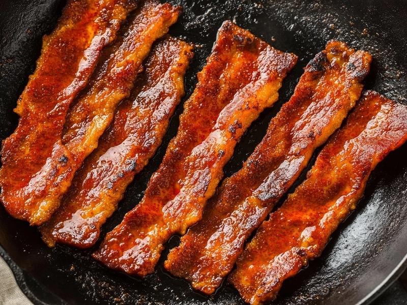 Marinated pork searing in a cast iron skillet with crisp caramelised edges