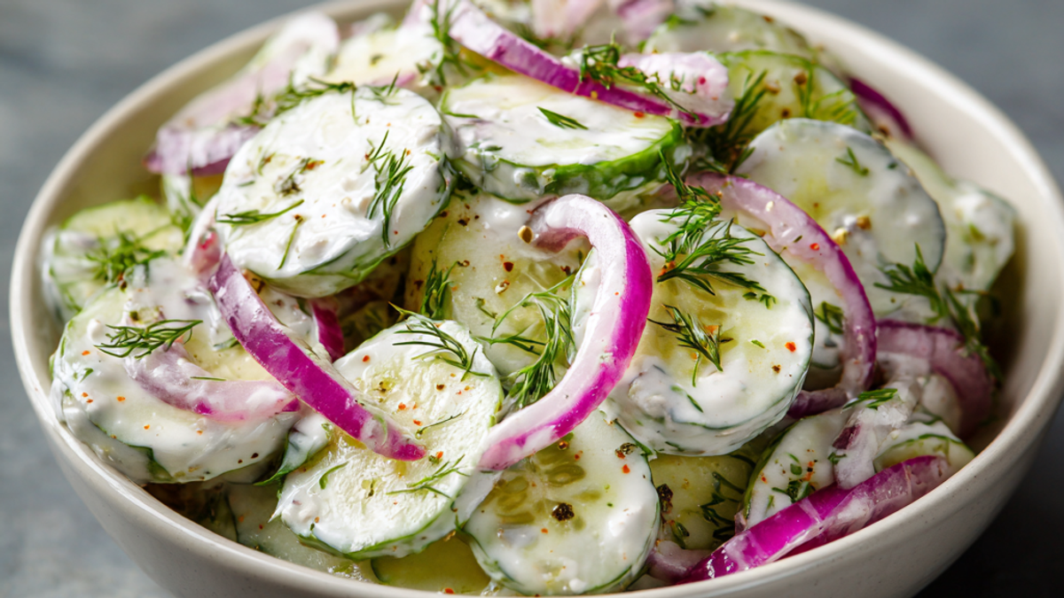 Creamy cucumber salad with Greek yogurt dressing, dill, and red onion