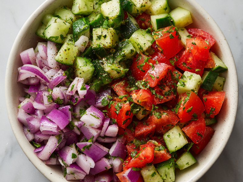 Salt and black pepper sprinkled over the Persian cucumber tomato salad.
