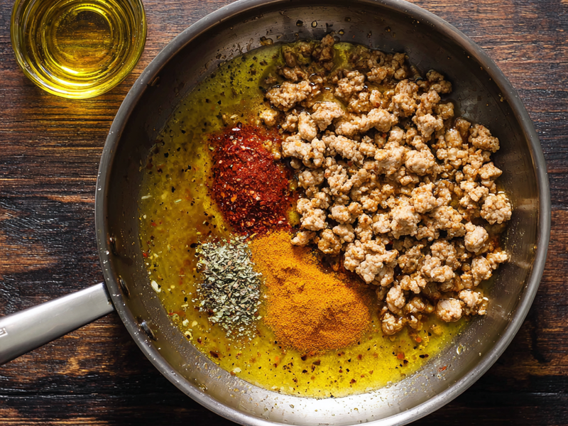 Ground turkey added to a pan with taco seasoning and salt.