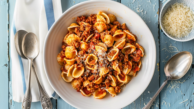 Weeknight bolognese sauce over pasta topped with parmesan and basil