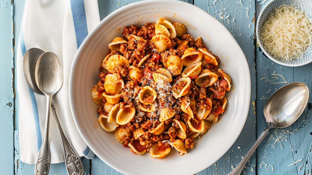 Weeknight bolognese sauce over pasta topped with parmesan and basil
