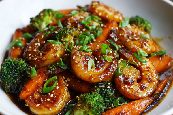 Honey garlic shrimp stir fry with broccoli and carrots in a glossy sauce.