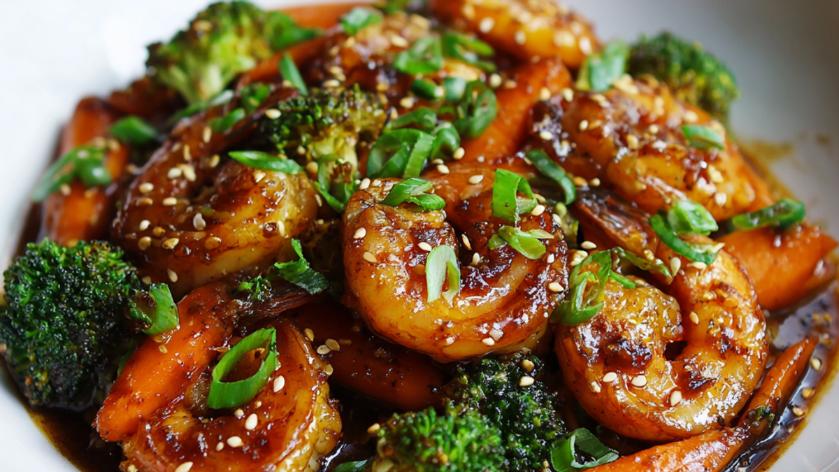 Honey garlic shrimp stir fry with broccoli and carrots in a glossy sauce.