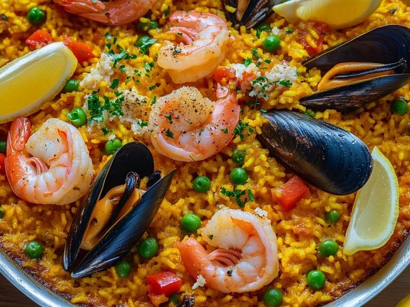 Finished seafood paella with shrimp, mussels, peas and lemon wedges