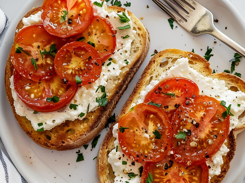 Finished cottage cheese tomato toast ready to serve on a plate