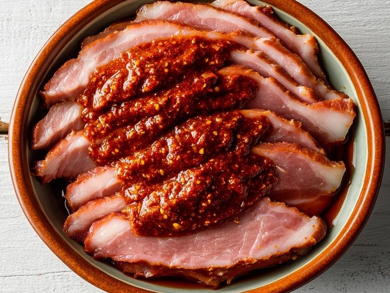 Raw thinly sliced pork shoulder coated in red achiote marinade in a bowl before cooking