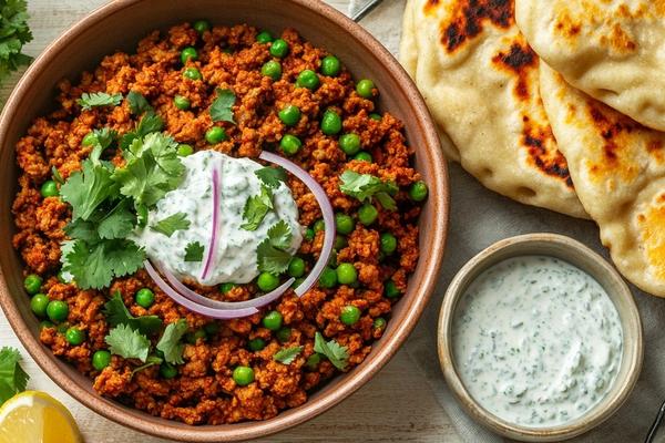 Turkey Keema Matar with Mint Raita and Garlic Butter Naan