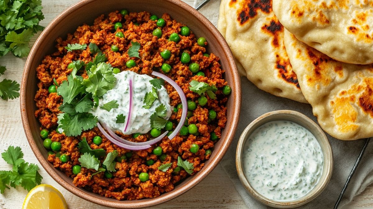 Turkey Keema Matar with Mint Raita and Garlic Butter Naan