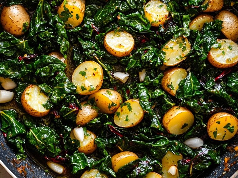 Dark green Swiss chard leaves wilting in a skillet with sliced garlic and lightly crushed golden potatoes