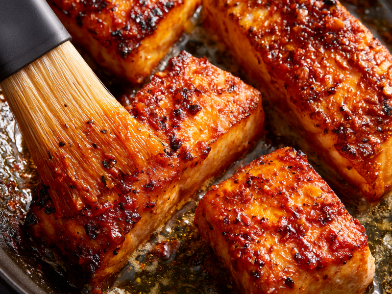 Harissa salmon fillets searing in a skillet until golden and flaky.