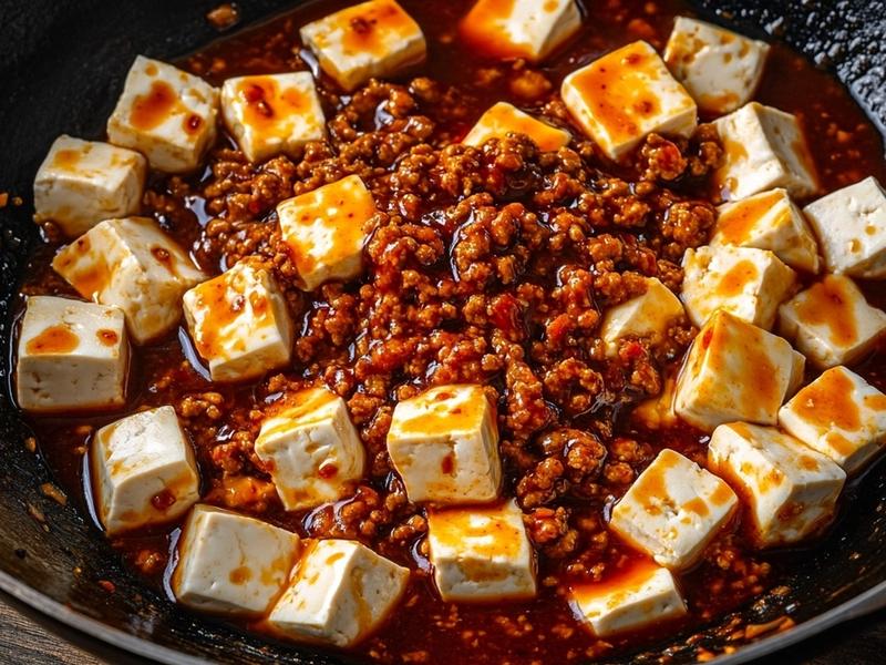 Pour in the stock and soy sauce, gently slide in the drained tofu, and simmer for a few minutes, spooning the 