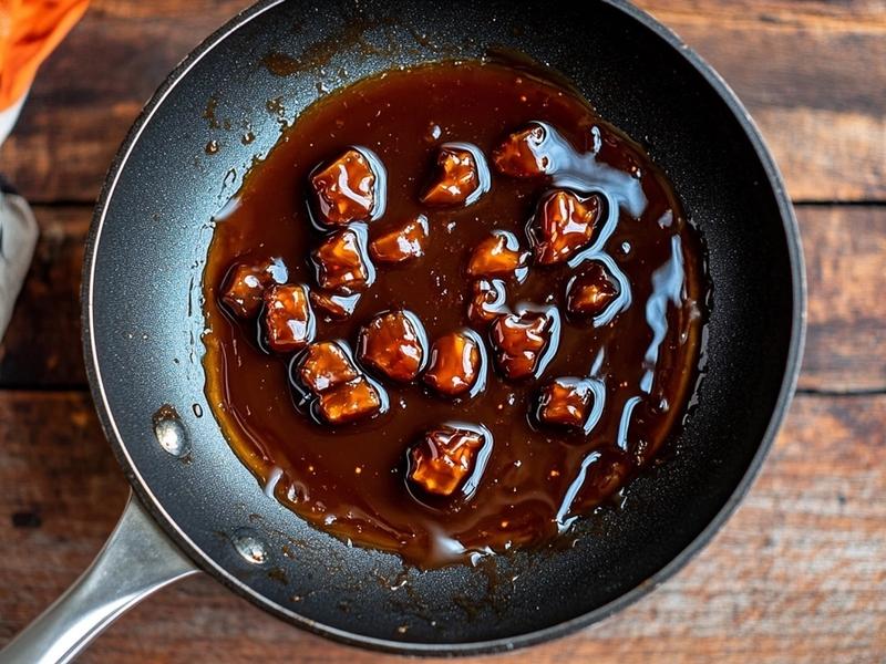 In a wide, dry skillet over medium heat, melt the palm sugar undisturbed until it turns a deep amber