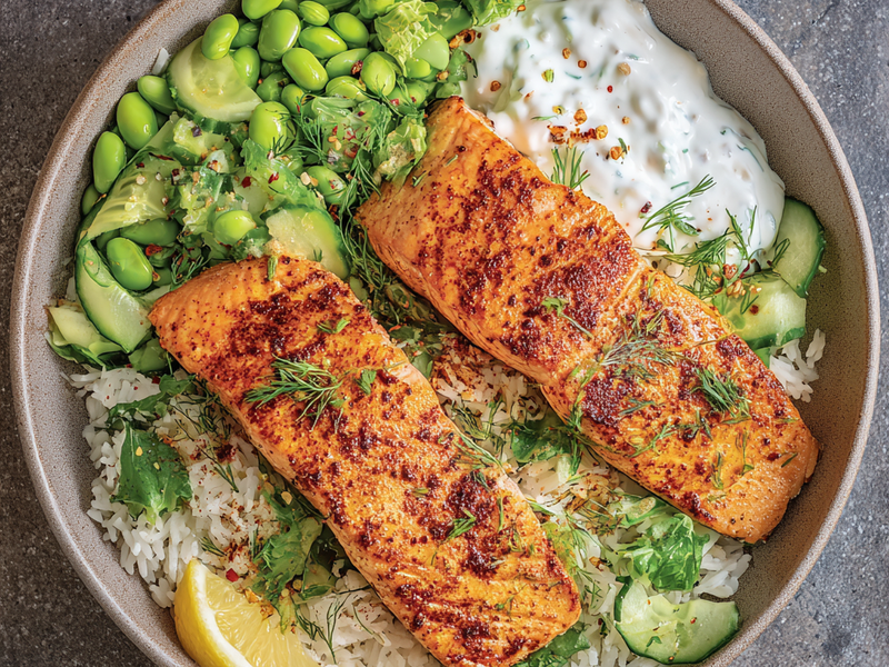 Salmon rice bowl topped with avocado slices, cucumber, edamame, and chopped spring onion.