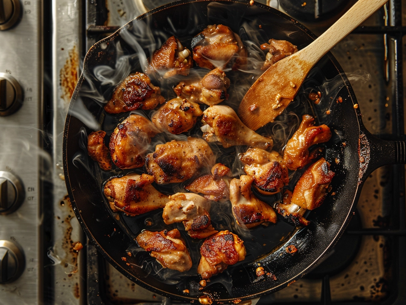 Chicken breasts searing in a cast iron skillet for marry me chicken
