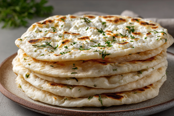 High protein cottage cheese flatbread stacked on a plate with fresh herbs