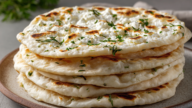 High protein cottage cheese flatbread stacked on a plate with fresh herbs