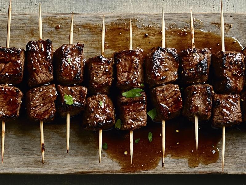 Marinated beef cubes threaded snugly onto soaked skewers