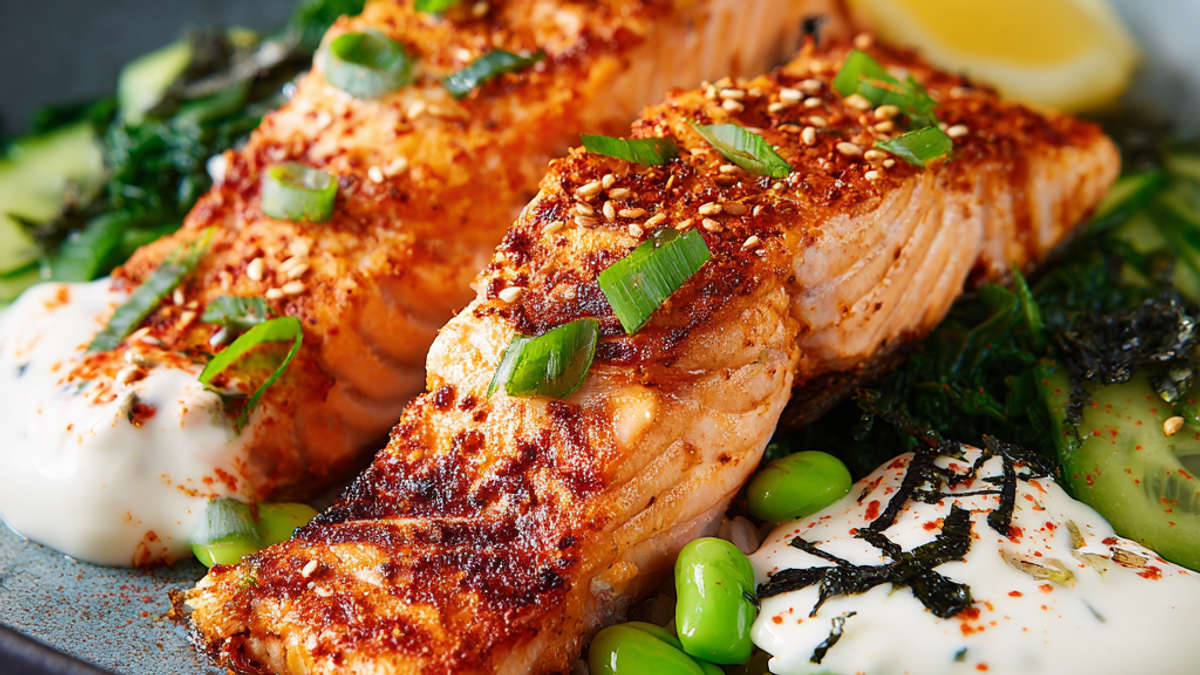 Spicy salmon rice bowl with avocado, cucumber, rice, and creamy sauce
