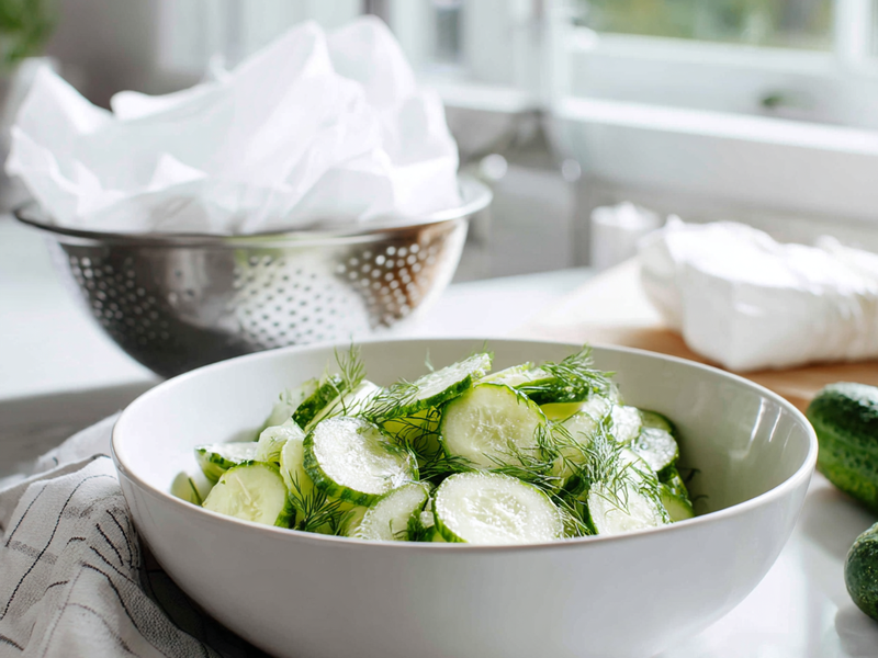 Salted cucumber slices draining in a colander with Greek yogurt, dill, and paper towels nearby