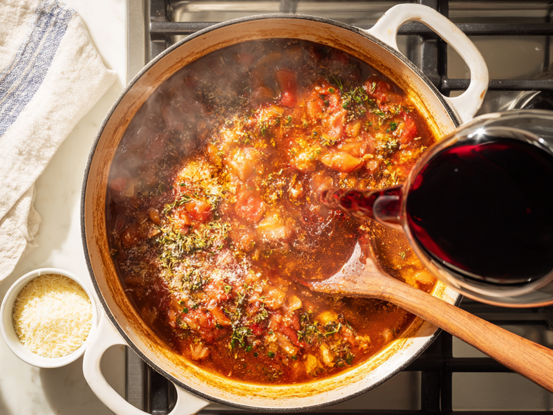 Adding crushed tomatoes and broth to deglazed bolognese base in a Dutch oven on the stovetop