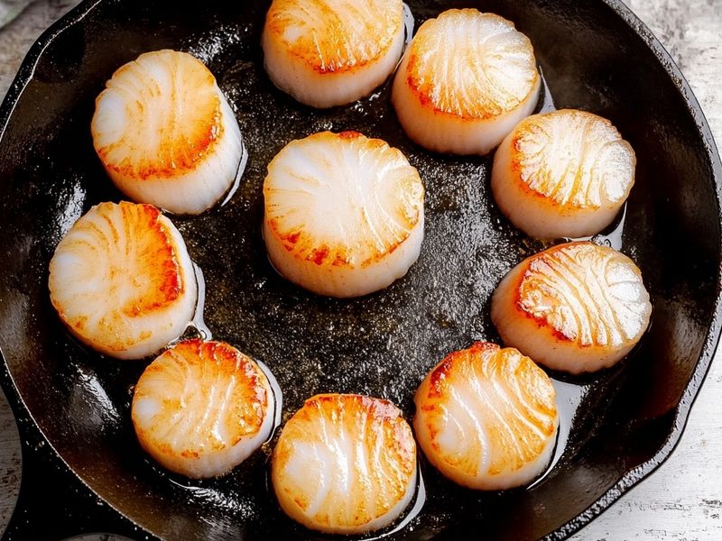 Sea scallops searing in a ring in a hot skillet