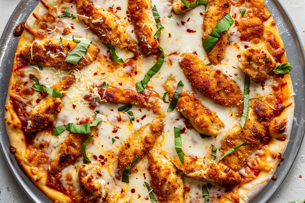 High-protein chicken parm pizza topped with crispy chicken, marinara, mozzarella, and parmesan