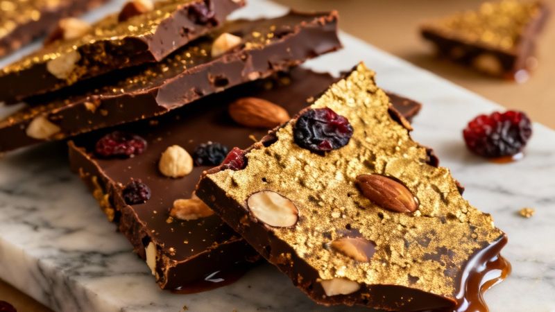 Peppermint chocolate bark pieces topped with crushed candy canes on a parchment sheet.