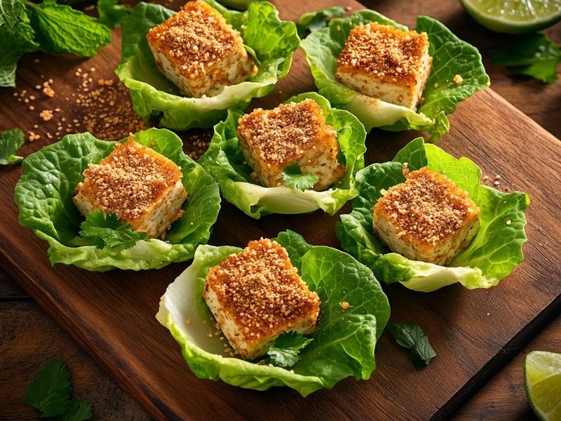 Crispy tofu larb spooned into crisp green lettuce cups scattered with mint, cilantro and toasted rice powder, lime wedges alongside