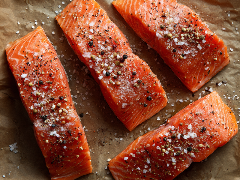 Season salmon with salt and pepper.