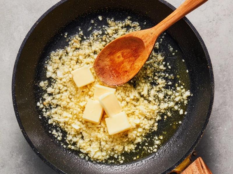  In the same pan, melt butter and sauté minced garlic until fragrant.