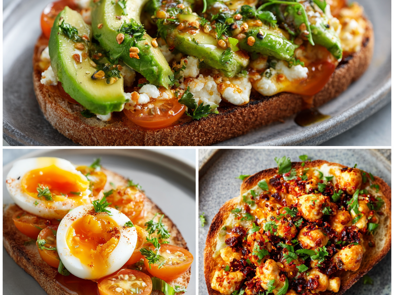 Cottage cheese tomato toast served with fruit, side salad, soup, smoothie, and yogurt as meal pairings