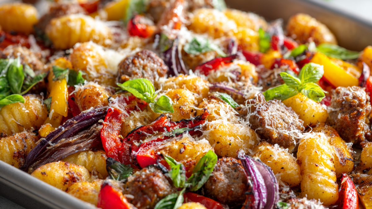 Sheet-pan gnocchi with sausage and roasted peppers topped with basil and parmesan