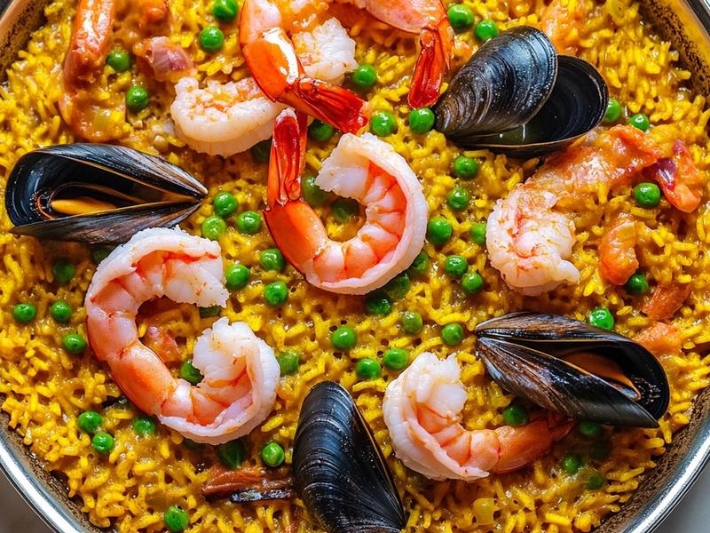 Shrimp, mussels and peas nestled into saffron rice in the paella pan